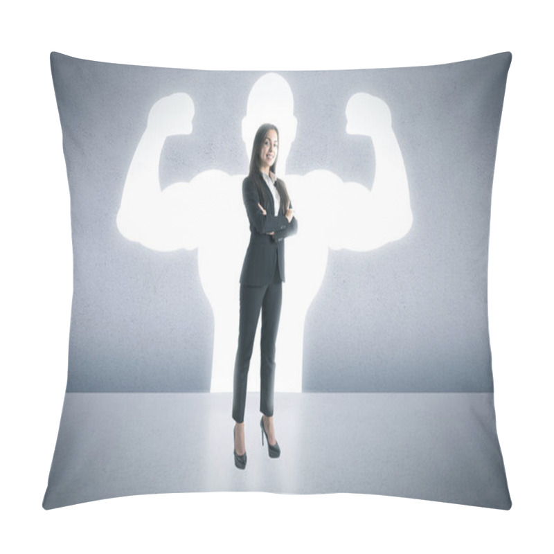 Personality  A Businesswoman Stands Confidently With Her Arms Crossed, Casting A Shadow Of A Muscular Bodybuilder Behind Her Pillow Covers