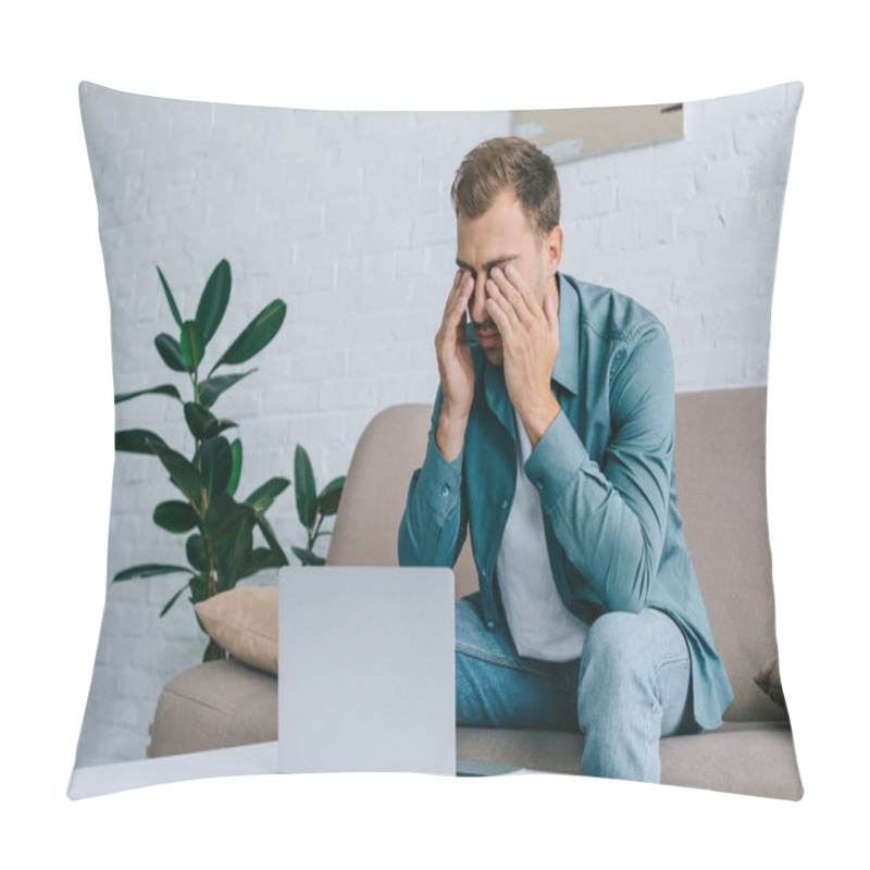 Personality  Young Man Rubbing Eyes While Using With Laptop At Home  Pillow Covers