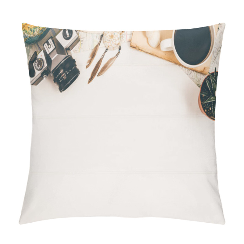 Personality  Travel Accessories Top View On Wooden Background With Copy Space Pillow Covers