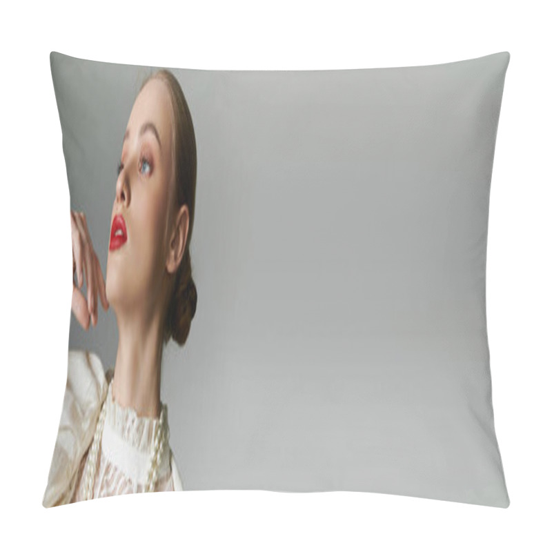 Personality  A Young Woman In A White Lace Blouse With A Pearl Necklace, Gazing Upwards With A Hint Of Mystery. Pillow Covers