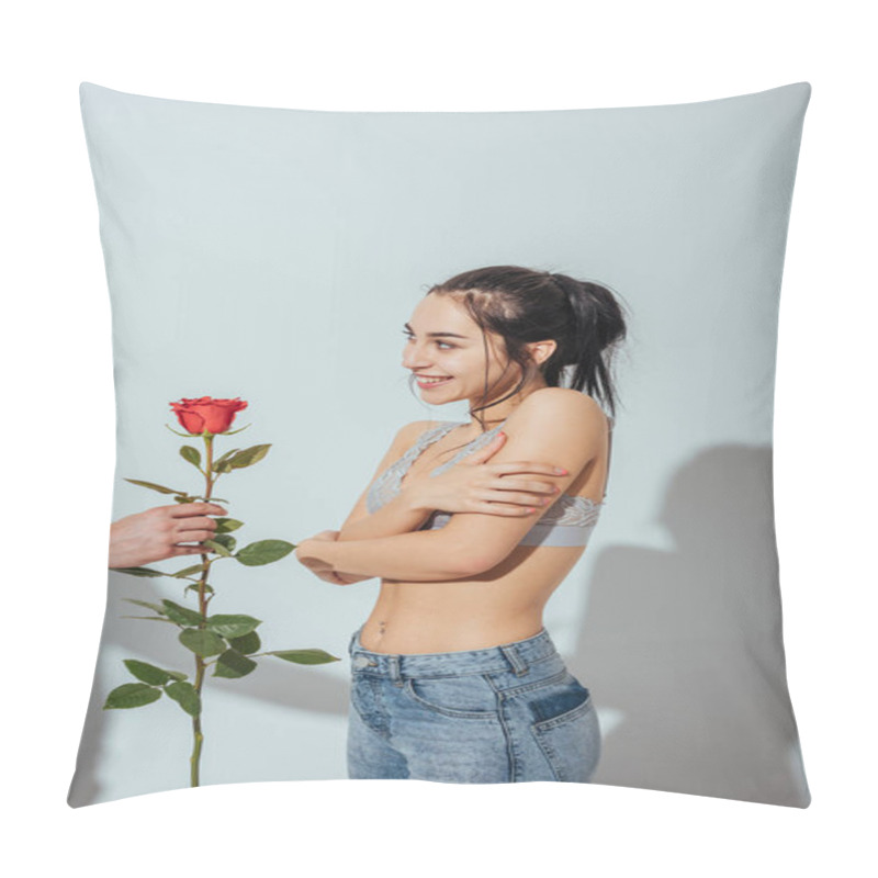 Personality  Cropped View Of Man Giving Red Rose To Shy Girl  Pillow Covers