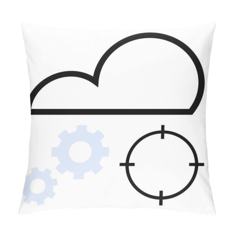 Personality  Black Cloud Outline, Crosshair Target, And Two Blue Gears. Ideal For Cloud Computing, Technology, Data Processing, System Optimization, Internet Network And Infrastructure. Line Metaphor Pillow Covers