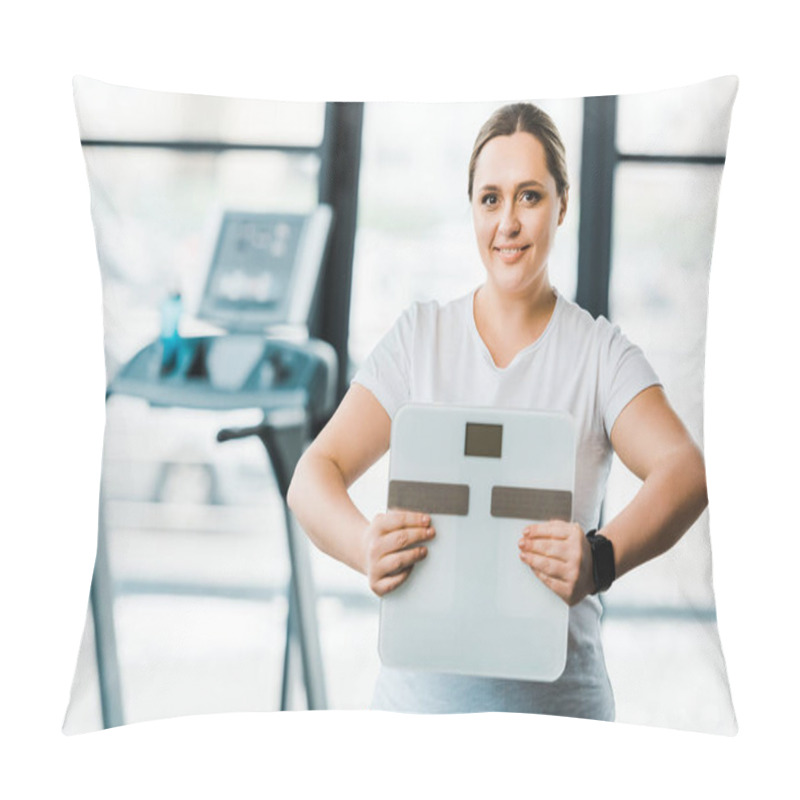 Personality  Cheerful Overweight Woman Smiling While Holding Scales In Hands Pillow Covers