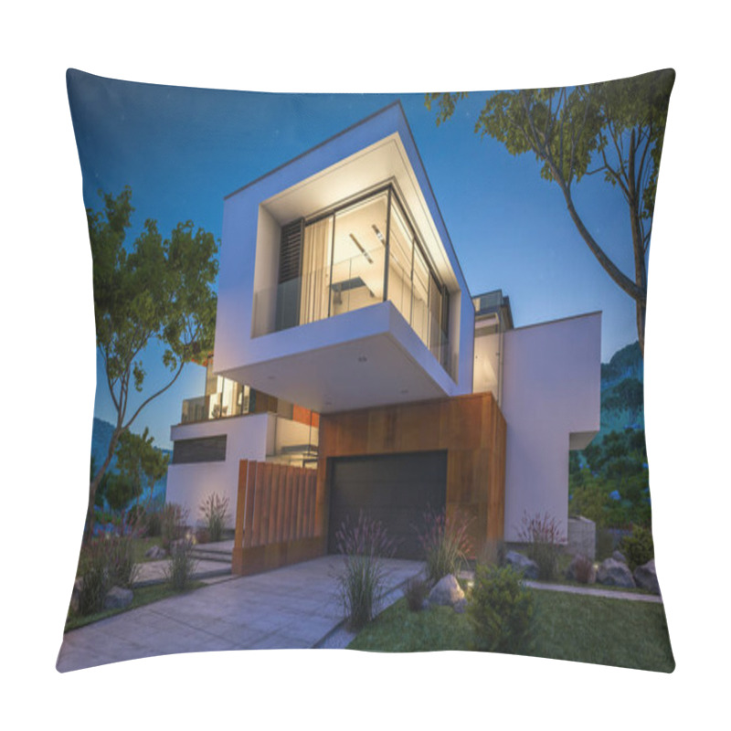 Personality  3d Rendering Of Modern House By The River At Night Pillow Covers