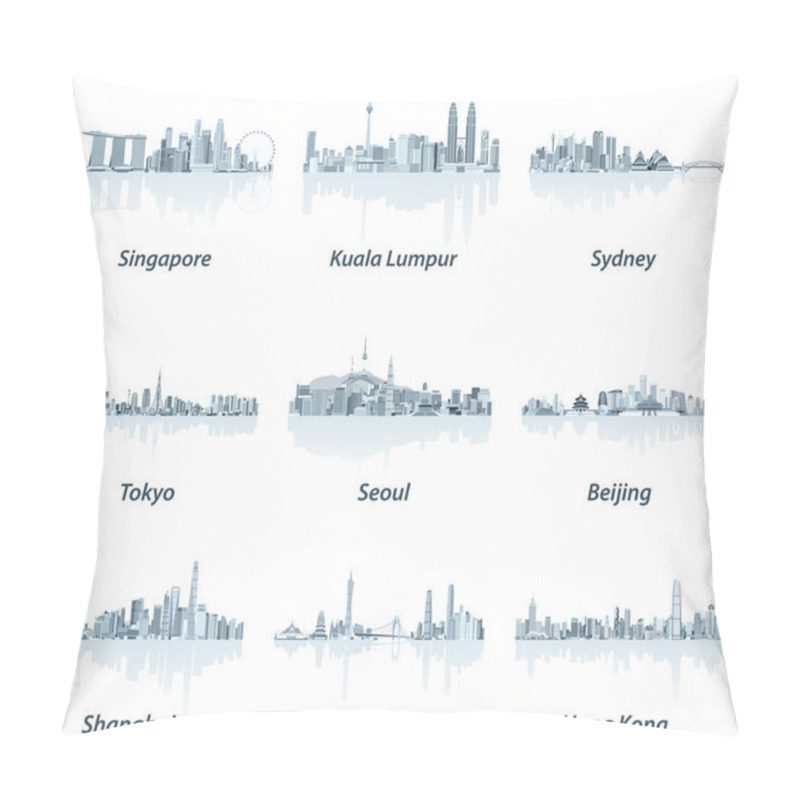 Personality  Abstract Vector Illustrations Of Singapore, Kuala Lumpur, Sydney, Tokyo, Seoul, Beijing, Shanghai, Guangzhou And Hong Kong Skylines In Soft Blue Color Palette Pillow Covers