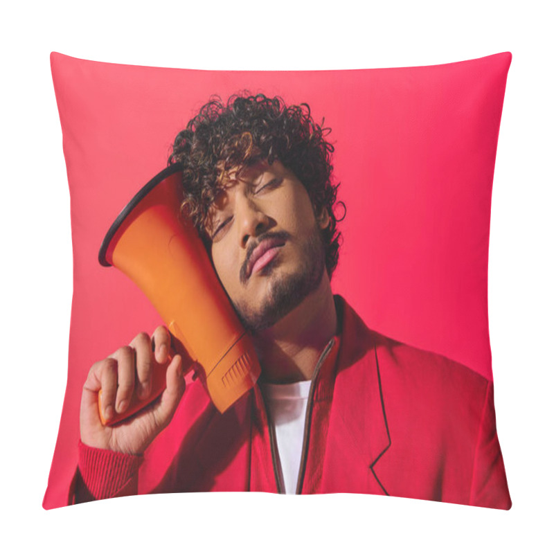 Personality  Vibrant Young Indian Man Holding Red And Orange Megaphone. Pillow Covers