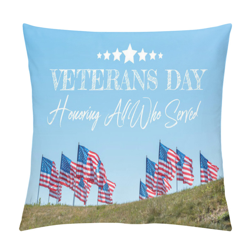 Personality  National American Flags On Green Grass Against Blue Sky With Veterans Day, Honoring All Who Served Illustration Pillow Covers