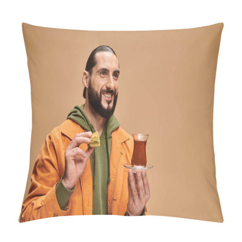 Personality  Happy Bearded Man In Casual Attire Holding Turkish Tea In Traditional Glass Cup And Baklava On Beige Pillow Covers