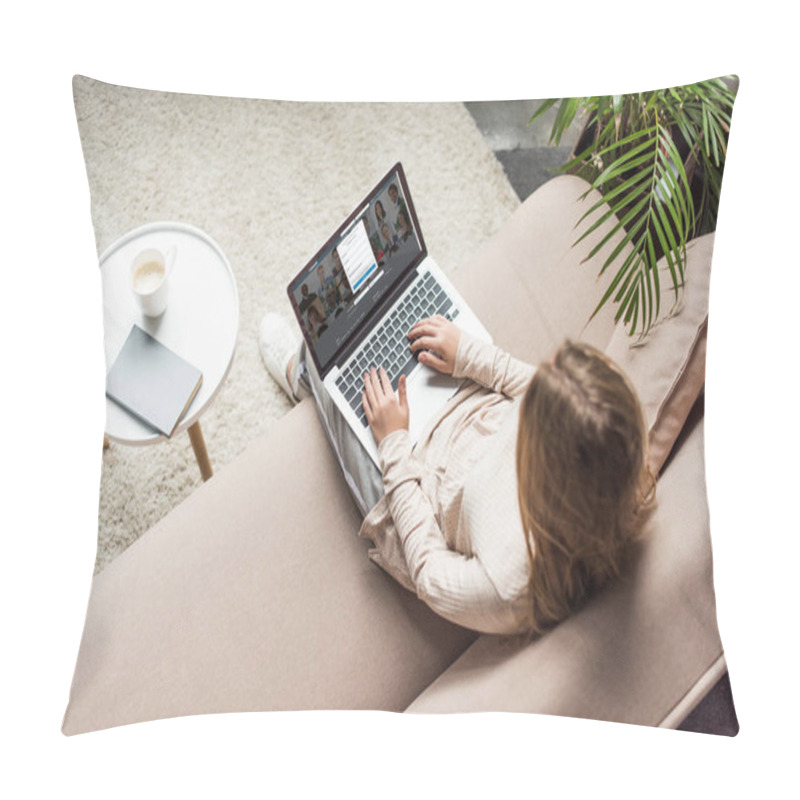 Personality  High Angle View Of Woman At Home Sitting On Couch And Using Laptop With Linkedin Website On Screen Pillow Covers