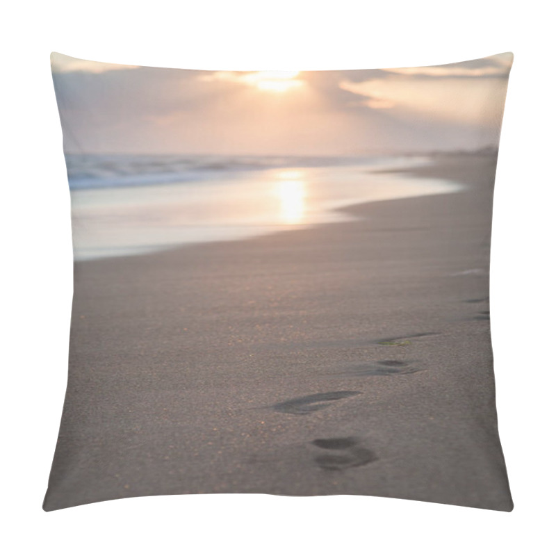 Personality  Footprints On Sandy Beach At Sunset Pillow Covers