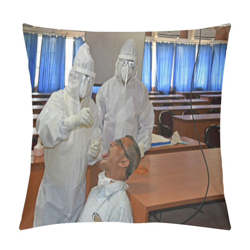 Personality  Burdwan Town, Purba Bardhaman District, West Bengal / India - 24.06.2020: Health Workers Are Collecting Samples Of Asymptomatic Journalist For COVID-19 (Novel Coronavirus) Test In The Initiative Of Purba Bardhaman District Health Department. Pillow Covers