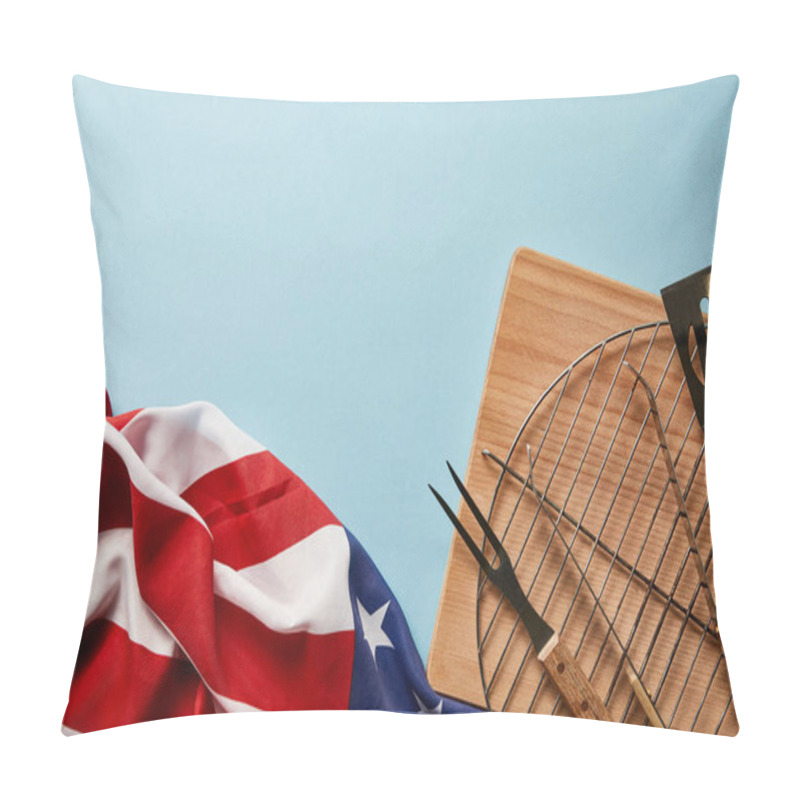 Personality  Top View Of American Flag Near Bbq Equipment On Blue Background With Copy Space Pillow Covers