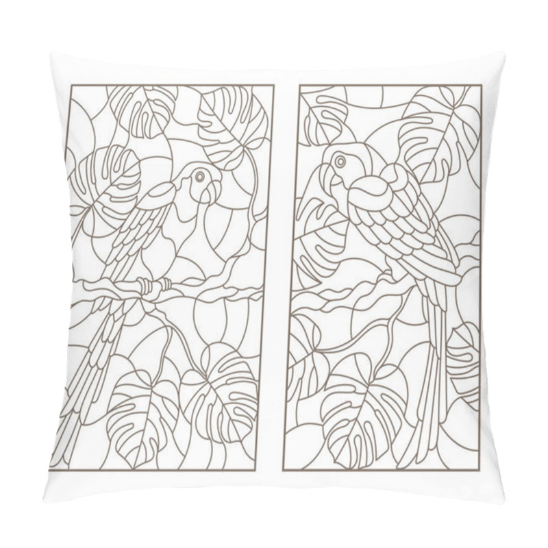 Personality  Set Contour Illustrations With Birds Parrots And Leaves Of Tropical Plants, Dark Contours On White Background Pillow Covers