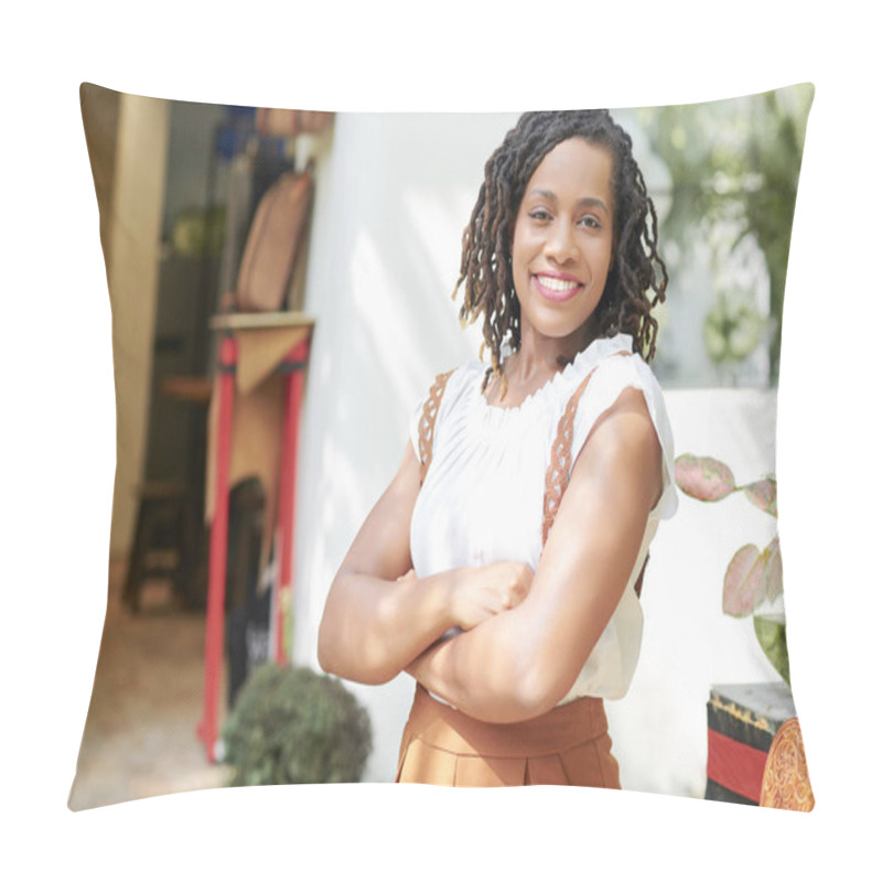 Personality  Portrait Of African Beautiful Woman Standing With Arms Crossed And Smiling At Camera Near The Store Outdoors Pillow Covers