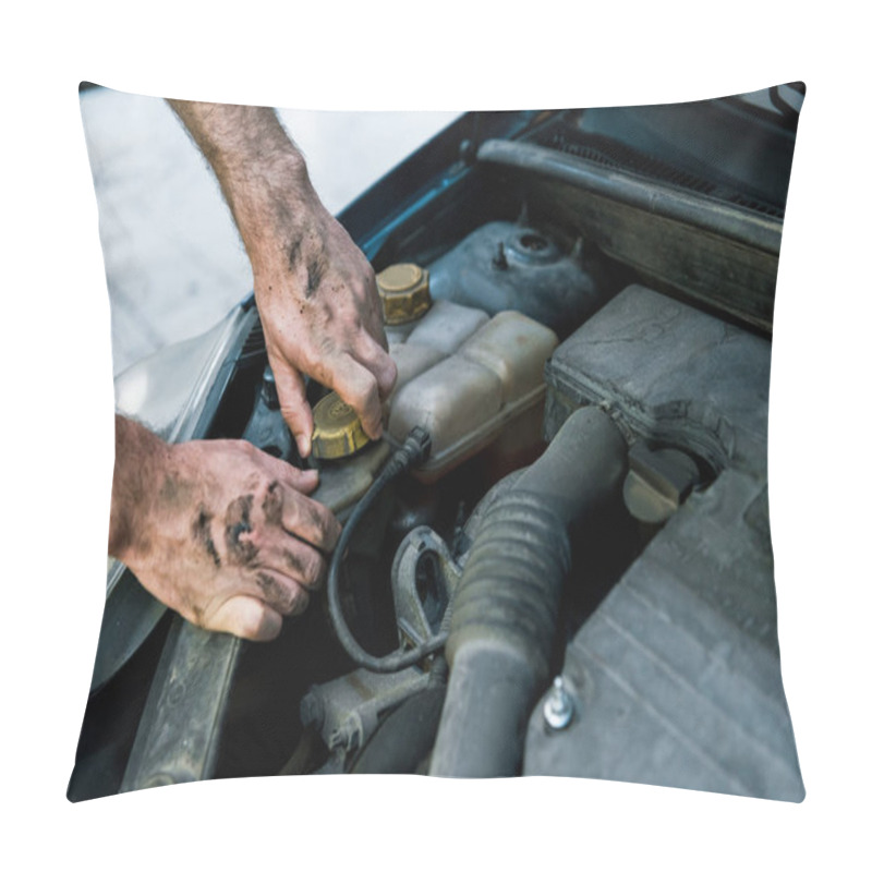 Personality  Cropped View Of Auto Mechanic With Mud On Hands Changing Car Oil  Pillow Covers