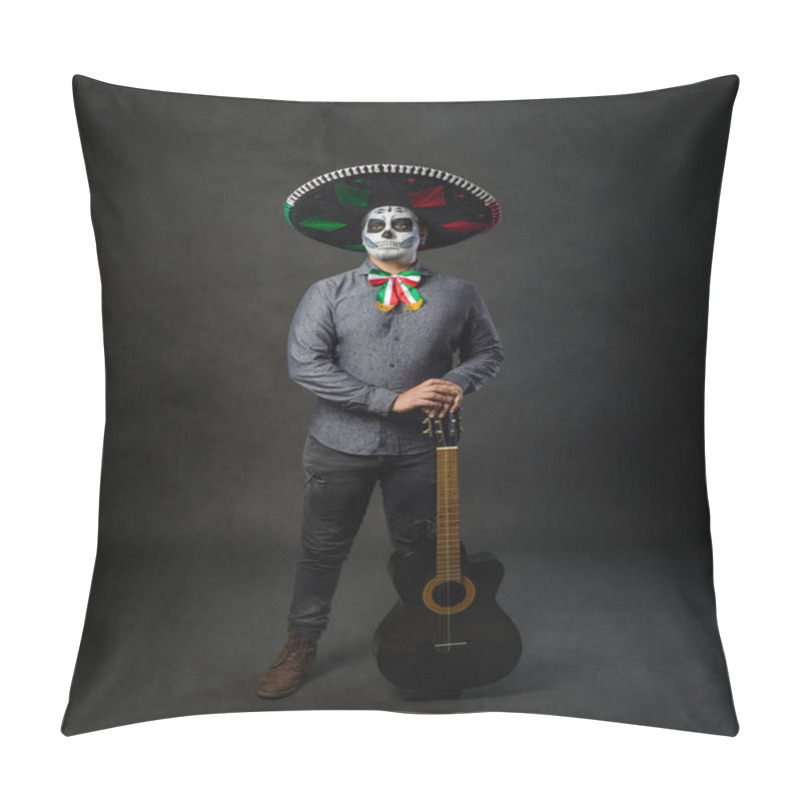 Personality  Portrait Of Catrin With Mariachi Hat And Guitar. Day Of The Dead. Typical Mexican Character. Pillow Covers