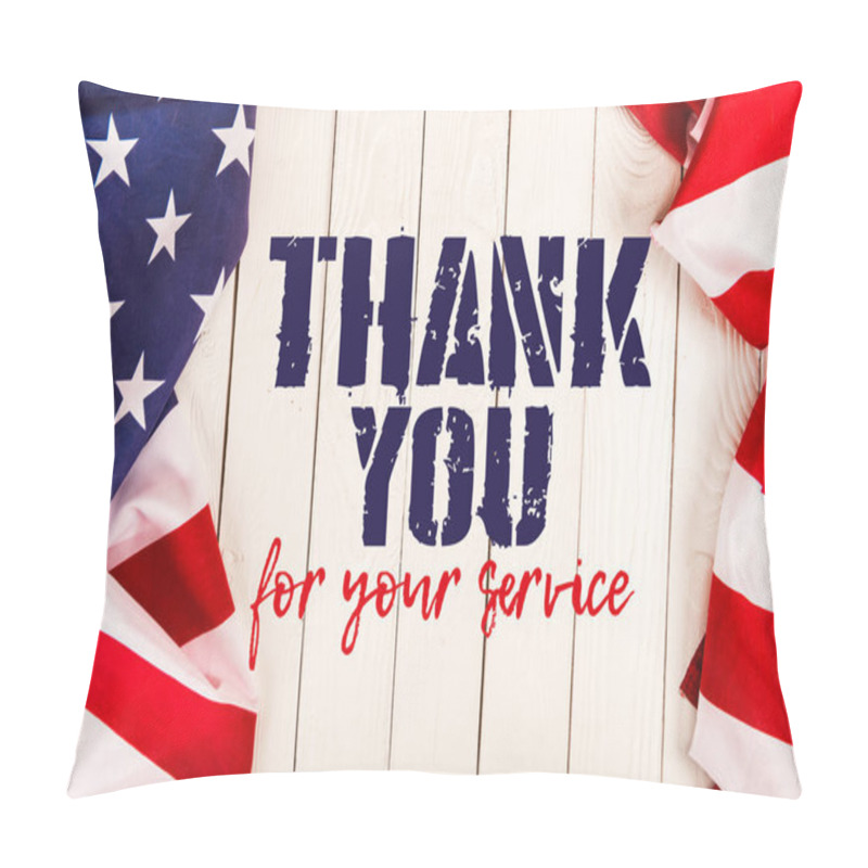 Personality  Top View Of American Flags And Thank You For Your Service Lettering On White Wooden Surface Pillow Covers