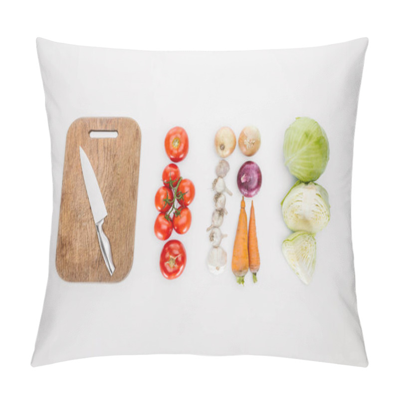 Personality  Top View Of Arranged Ripe Vegetables And Cutting Board With Knife Isolated On White Pillow Covers