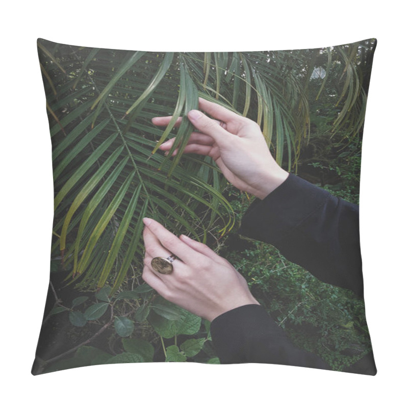 Personality  Female Hands With Handmade Rings On A Background Of Tropical Leaves, Blogger Style, Atmospheric, Selective Focus Pillow Covers