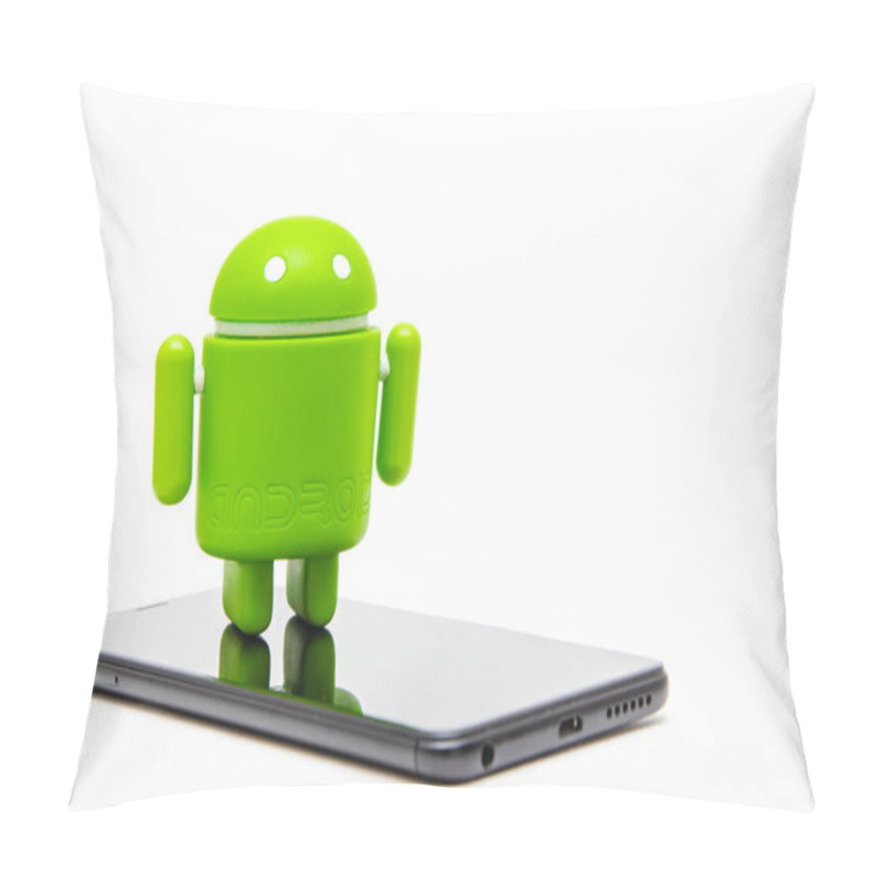 Personality  Android Figurine And Smartphone. Green Android Figurine Made Of Ecological Plastic On A White Background In Macro Stands On A Black Smartphone Pillow Covers