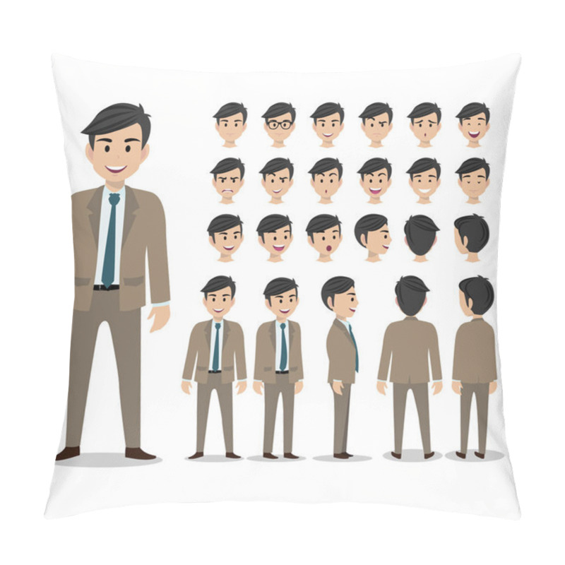 Personality  Cartoon Character With Business Man In Suit For Animation. Man Head Set, Front, Side, Back, 3-4 View Character. Separate Parts Of Body. Flat Vector Illustration. Pillow Covers