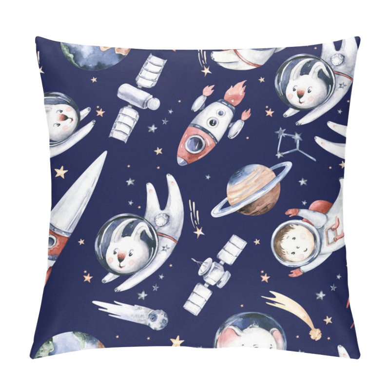 Personality  Astronaut Seamless Pattern. Universe Kids Baby Boy Girl Elephant, Fox Cat And Bunny, Space Suit, Cosmonaut Stars, Planet, Moon, Rocket And Shuttle Watercolor Space Ship Background. Pillow Covers