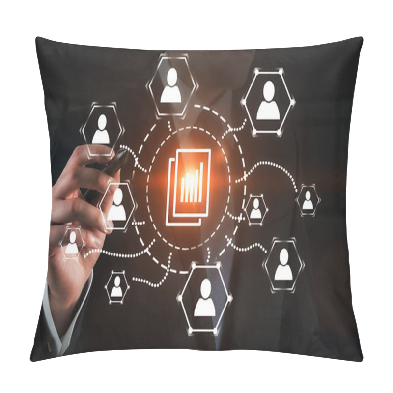 Personality  Unrecognizable Businessman In Dark Suit Drawing Document Management Hologram. Toned Image Double Exposure Pillow Covers