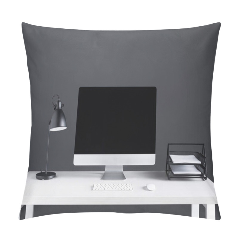 Personality  Modern Desktop Computer With Blank Screen, Keyboard And Computer Mouse On Table  Pillow Covers