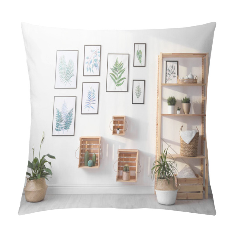 Personality  Beautiful Paintings Of Tropical Leaves On White Wall In Living Room Interior Pillow Covers