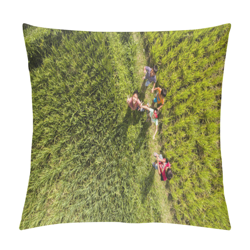 Personality  Bali, Indonesia. June 22, 2016. The Group Of Unidentified Balinese Kids Is Fooling For The Camera While Standing In Paddy Rice Field Pillow Covers