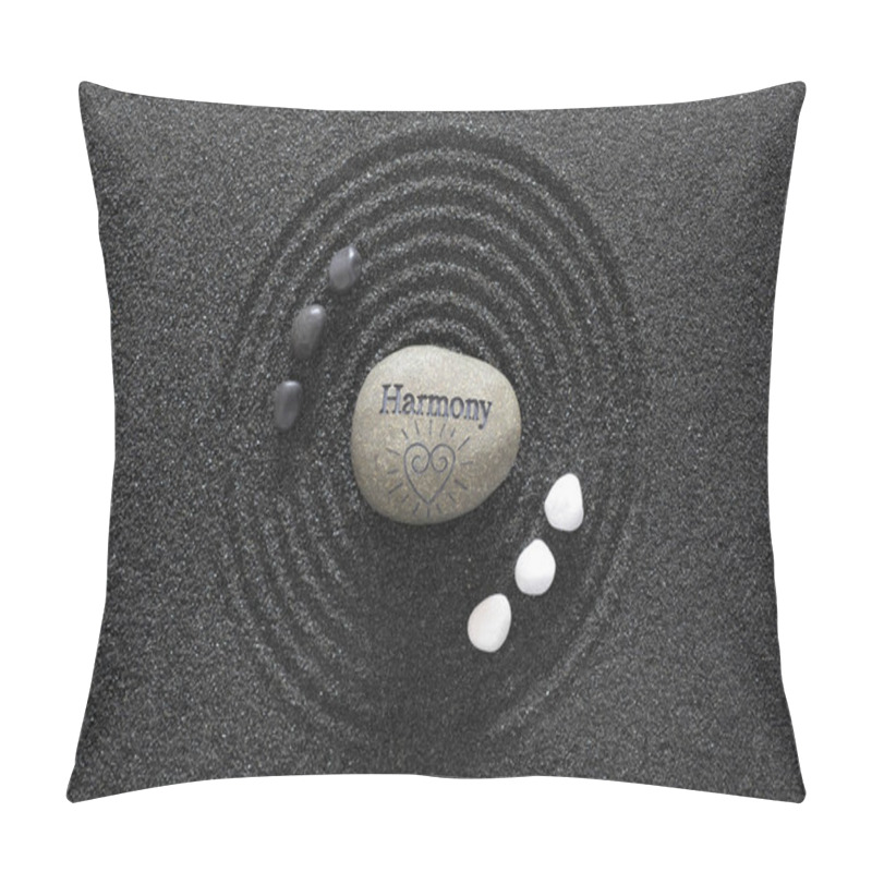 Personality  Japanese Zen Garden With Yin And Yang Stones And Harmony In Text Pillow Covers