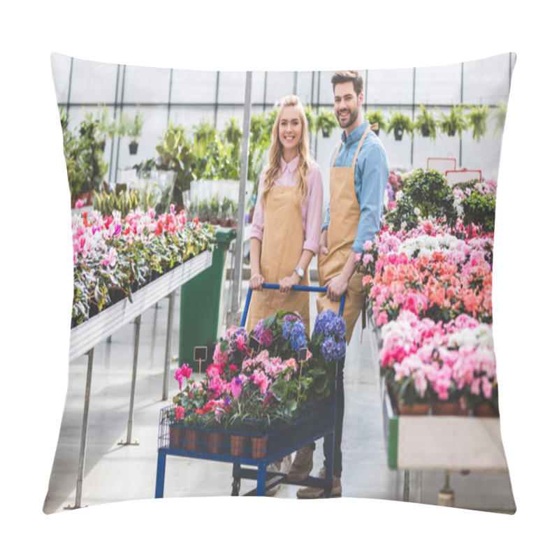 Personality  Young Gardeners Standing By Cart With Flowers In Greenhouse Pillow Covers