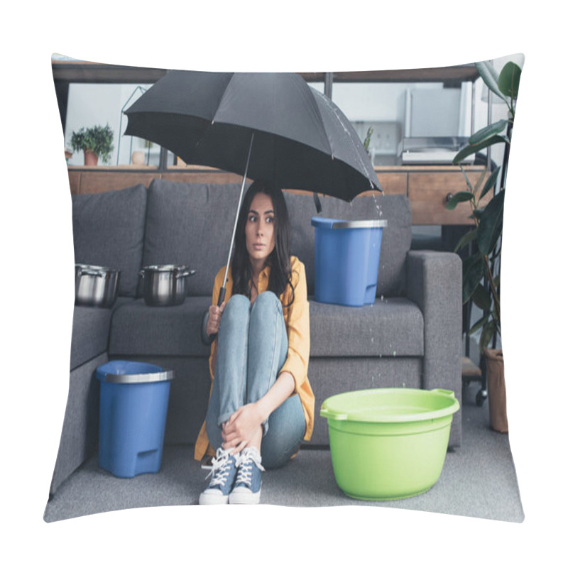 Personality  Confused Girl Sitting Under Umbrella In Living Room Pillow Covers