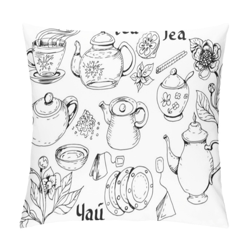 Personality  Tea, Tea Ceremony, Breakfast.Graphic Hand-drawn Illustration, Vector. Sketch, Doodle. Teapot Isolated Items On A White Background. Print, Textiles, Paper Aromatic Invigorating Drink Table Setting Tableware Teapot Cups Plates Pillow Covers