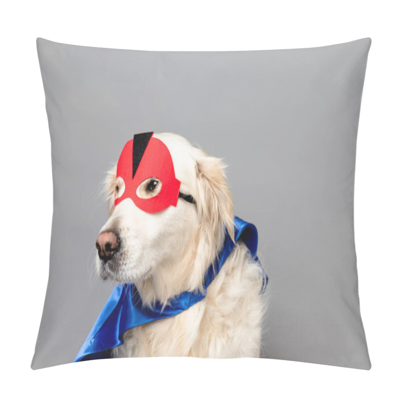 Personality  White Golden Retriever With A Red Hero Mask And Blue Cape Against A Grey Seamless Background Pillow Covers