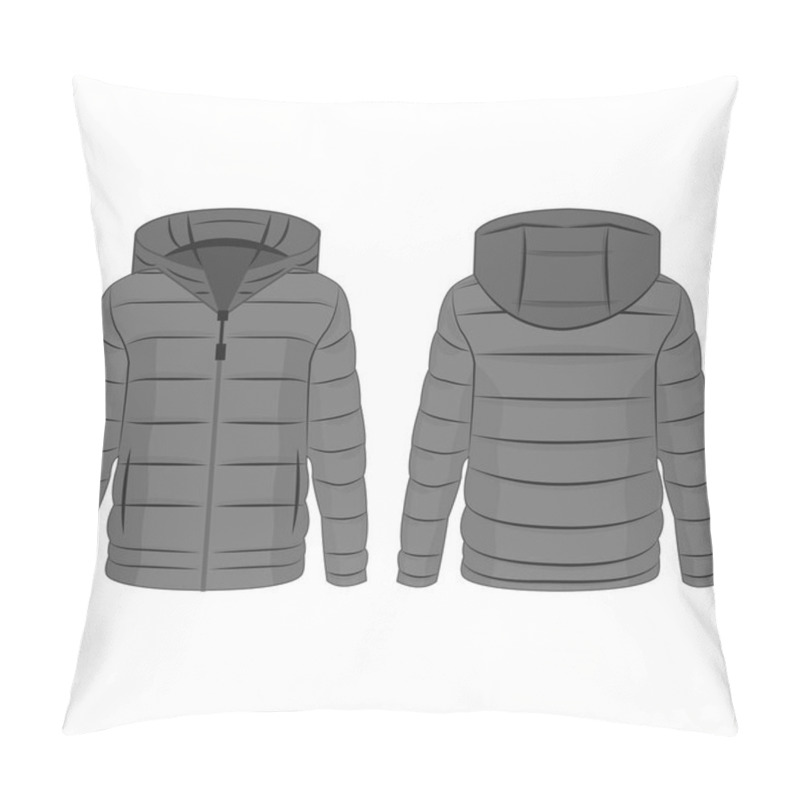 Personality  Grey Winter Down Zipped Jacket With Hood Isolated Vector On The White Background Pillow Covers