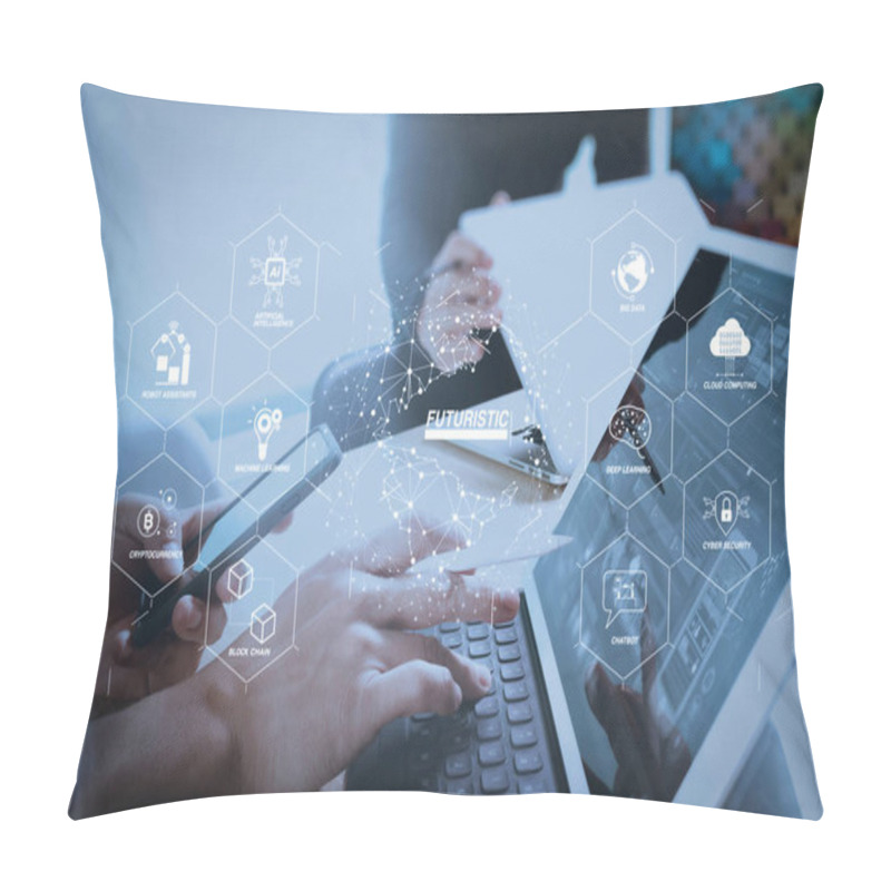 Personality  Futuristic In Industry 4.0 And Business Virtual Diagram With Ai, Robot Assistant, Cloud, Big Data And Automation. Two Colleague Web Designer Discussing Data And Digital Tablet Docking Keyboard And Computer Laptop. Pillow Covers