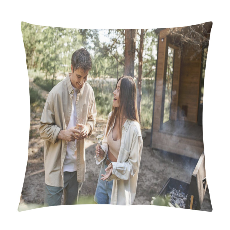 Personality  Smiling Woman Holding Wine And Talking To Boyfriend Near Grill And Vacation House At Background Pillow Covers