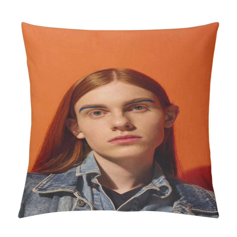 Personality  A Young Man With Striking Long Red Hair Expresses Deep Emotions In Front Of An Orange Wall. Pillow Covers