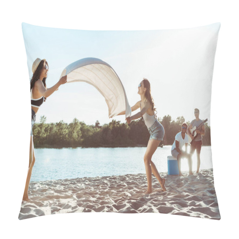 Personality  Girls Waving Beach Blanket On Riverside Pillow Covers