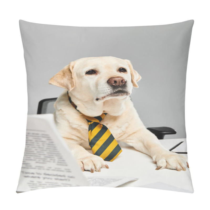 Personality  A Dog Wearing A Tie Sits At A Desk, Looking Professional And Ready For Work In A Studio Setting. Pillow Covers