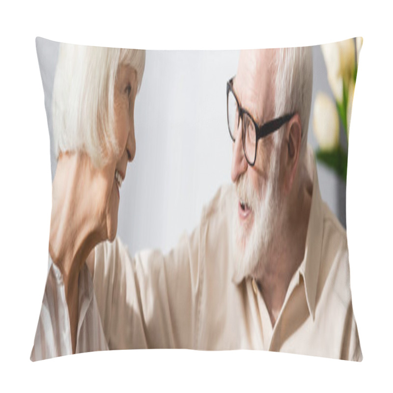 Personality  Panoramic Orientation Of Smiling Senor Man Hugging Wife With Cup Of Coffee  Pillow Covers