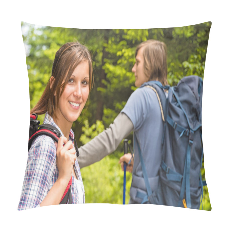 Personality  Portrait Of Hiker Girl Smiling At Camera Pillow Covers