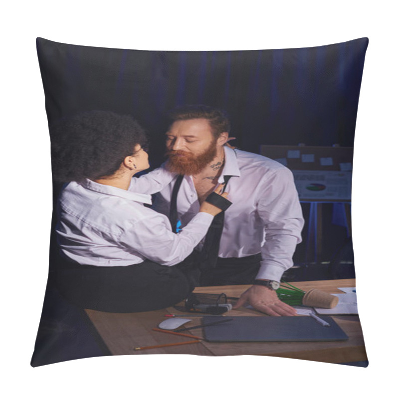 Personality  Hot African American Woman Seducing Bearded Tattooed Colleague Near Mess On Work Desk In Office Pillow Covers