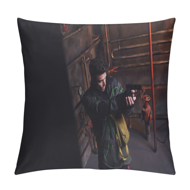 Personality  Focused Man Aiming With Gun In Abandoned Subway Near Rusty Pipelines, Game Character Pillow Covers