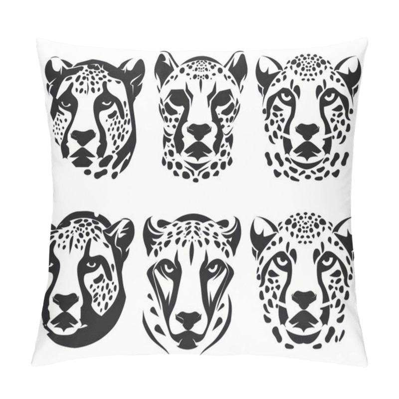 Personality  Stylized Black And White Illustrations Of Cheetah Faces In Various Expressions Showcasing Their Majestic Features. Pillow Covers