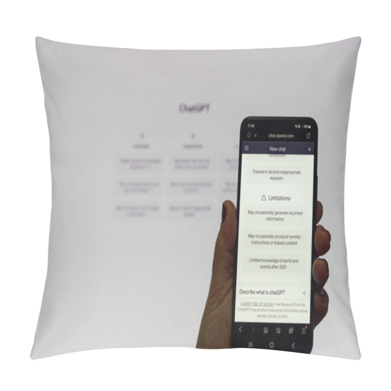 Personality  Thessaloniki, Greece - April 12 2023: ChatGTP With Female Hand Holding Mobile With Bot Screen, Inputting The Question What Is This OpeanAI Model Based On Generative Pretrained Transformer Architecture. Pillow Covers