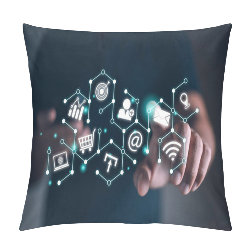 Personality  Businessman Touching Point Virtual To Target Customer. Notification Social Multimedia Icons Internet Connection Application Digital Network Marketing Online Communication. Information And Targeting. Pillow Covers