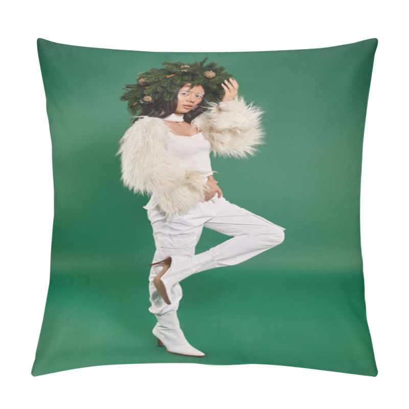 Personality  Festive Season, Asian Woman With White Makeup And Trendy Outfit Posing In Wreath On Green Backdrop Pillow Covers