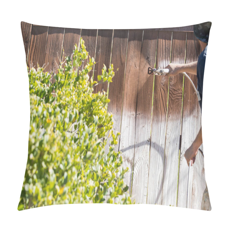 Personality  Professional Painter Spraying Yard Fence With Stain Pillow Covers